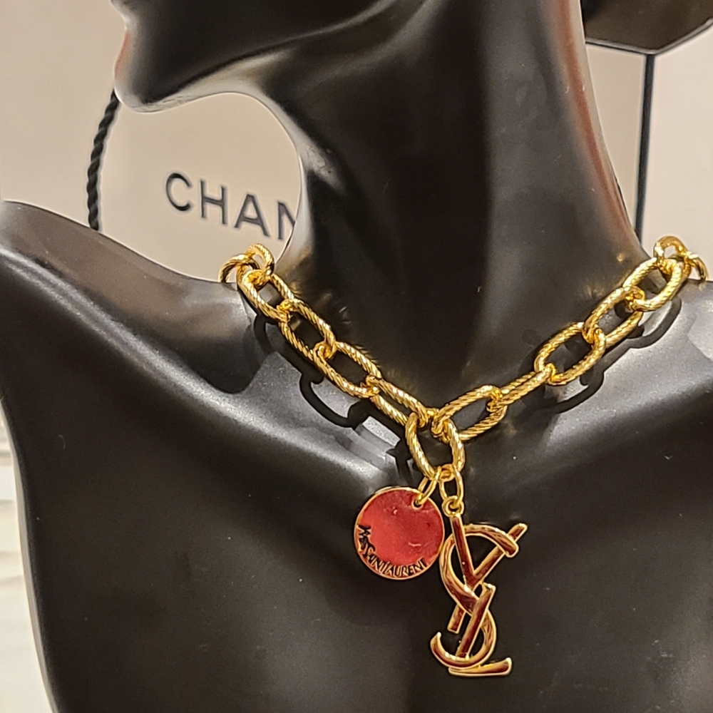 YSL Logo gold tone Link Chain Necklace Limited Edition 16 inches